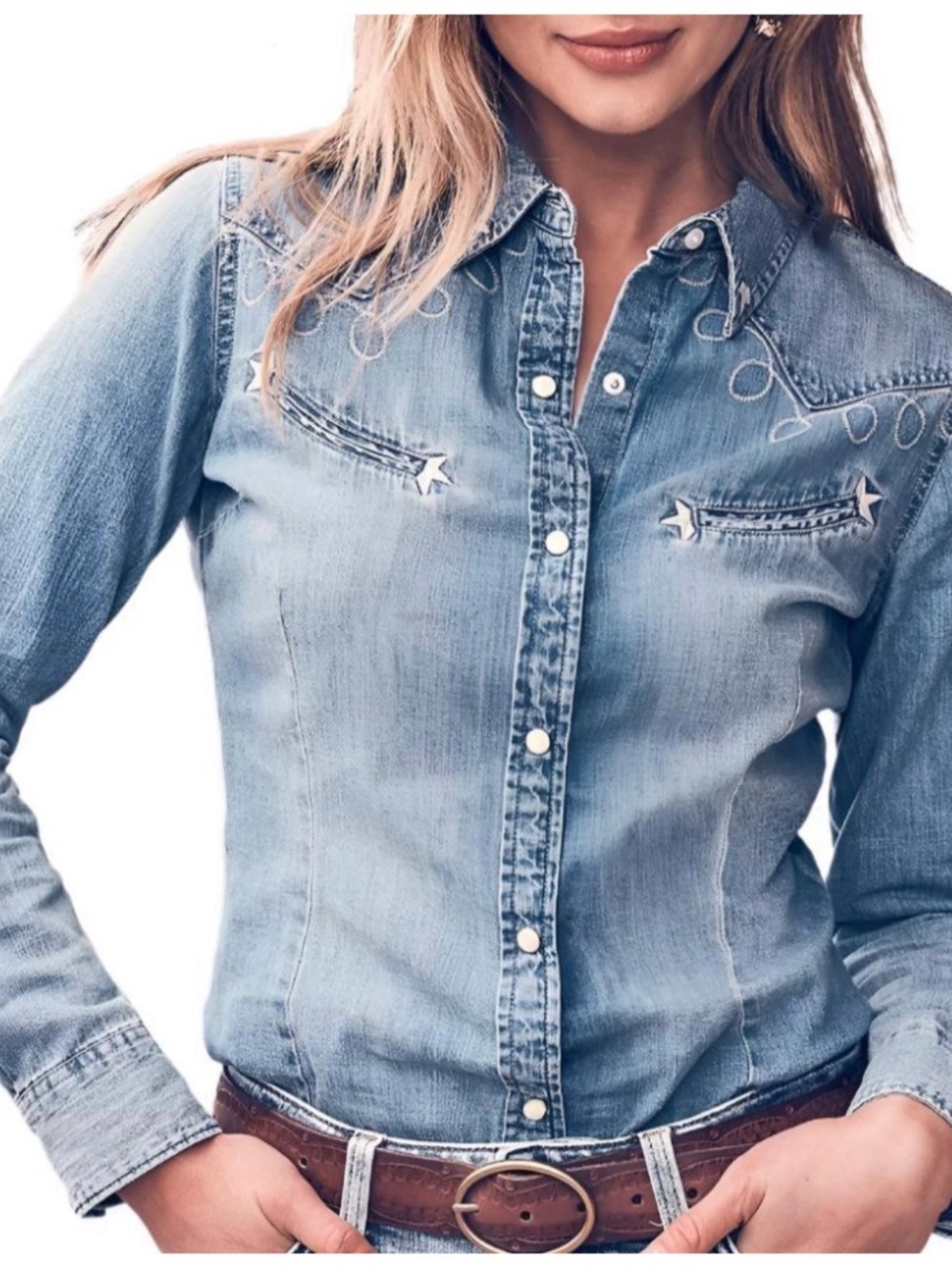 Wrangler Retro Women’s Sz M Denim Western Shirt Embroidered Pearl Snap - Picture 1 of 13